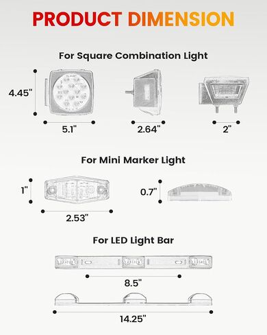 مجموعة مصابيح LED للمقطورة الغاطسة - 2x أضواء مربعة للإيقاف/الانعطاف/الفرامل/لوحة الترخيص، شريط ضوء فرامل خلفي مقاس 14.25 بوصة، 6x أضواء علامة صغيرة، حزام أسلاك بطول 25 قدمًا مع موصل بأربعة أقطاب، مجموعة تثبيت in Kuwait