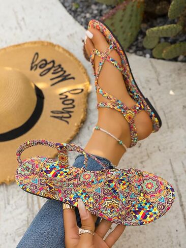 Women's Summer Beach Sandals, Colorful Ethnic Print Elastic Strap Flats, Casual Open Toe Walking Shoes for Vacation in Saudi Arabia
