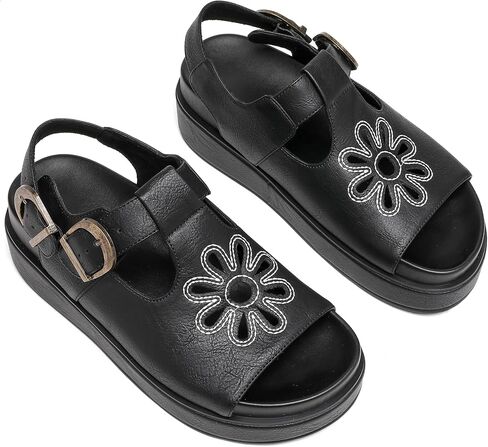 Brown Flower Platform Sandals for Women with Adjustable Buckle Back Strap Comfort Summer Open Toe Slip on Slingback T-Strap Beach Sandals. in Saudi Arabia