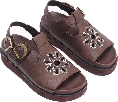 Brown Flower Platform Sandals for Women with Adjustable Buckle Back Strap Comfort Summer Open Toe Slip on Slingback T-Strap Beach Sandals. in Saudi Arabia