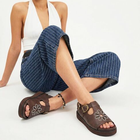 Brown Flower Platform Sandals for Women with Adjustable Buckle Back Strap Comfort Summer Open Toe Slip on Slingback T-Strap Beach Sandals. in Saudi Arabia