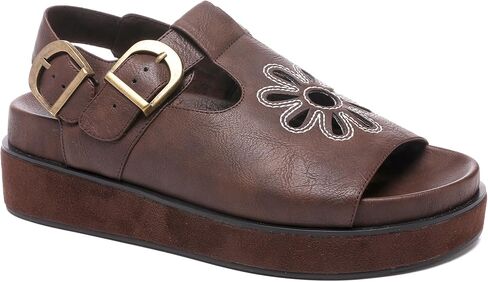 Brown Flower Platform Sandals for Women with Adjustable Buckle Back Strap Comfort Summer Open Toe Slip on Slingback T-Strap Beach Sandals. in Saudi Arabia