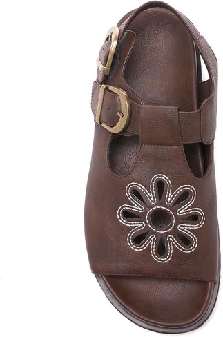 Brown Flower Platform Sandals for Women with Adjustable Buckle Back Strap Comfort Summer Open Toe Slip on Slingback T-Strap Beach Sandals. in Saudi Arabia