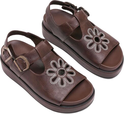 Brown Flower Platform Sandals for Women with Adjustable Buckle Back Strap Comfort Summer Open Toe Slip on Slingback T-Strap Beach Sandals. in Saudi Arabia