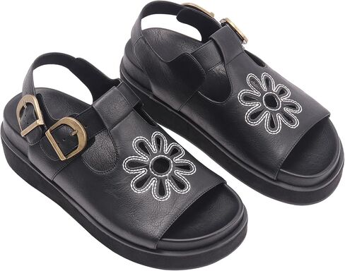 Brown Flower Platform Sandals for Women with Adjustable Buckle Back Strap Comfort Summer Open Toe Slip on Slingback T-Strap Beach Sandals. in Saudi Arabia