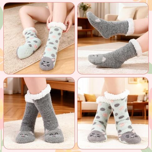 Fuzzy Slipper Socks for Women with Grippers, 2 Pair Winter Warm Cozy Fuzzy Slipper Soft Fluffy Sleep Socks for Women Girls in Saudi Arabia