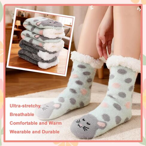 Fuzzy Slipper Socks for Women with Grippers, 2 Pair Winter Warm Cozy Fuzzy Slipper Soft Fluffy Sleep Socks for Women Girls in Saudi Arabia