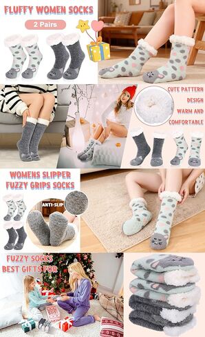 Fuzzy Slipper Socks for Women with Grippers, 2 Pair Winter Warm Cozy Fuzzy Slipper Soft Fluffy Sleep Socks for Women Girls in Saudi Arabia