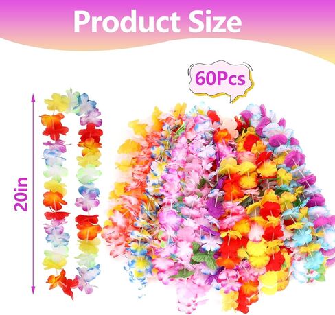 Atonofun 60 قطعة Leis لحفلة Luau، زخارف هاواي Leis السائبة الملونة زهرة استوائية قلادة إكليل هاواي للأطفال البالغين لوازم حفلات شاطئ هاواي Luau in Kuwait