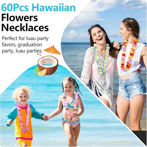 Atonofun 60 قطعة Leis لحفلة Luau، زخارف هاواي Leis السائبة الملونة زهرة استوائية قلادة إكليل هاواي للأطفال البالغين لوازم حفلات شاطئ هاواي Luau in Kuwait