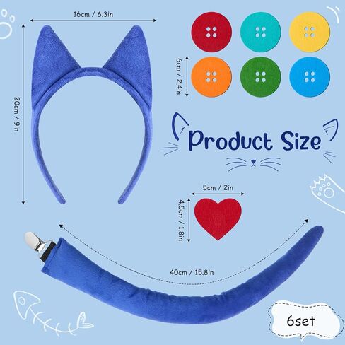 6 Set Blue Cat Costume Set Include Blue Cat Ear Headband with Tail Button Patches Heart Felt Stickers for 100th Day of School Stage Cosplay Read Book Day Dress up Halloween Costume in Saudi Arabia