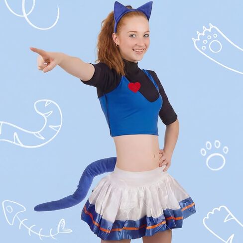 6 Set Blue Cat Costume Set Include Blue Cat Ear Headband with Tail Button Patches Heart Felt Stickers for 100th Day of School Stage Cosplay Read Book Day Dress up Halloween Costume in Saudi Arabia