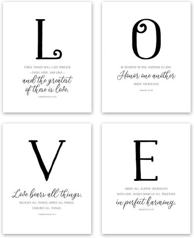 مجموعة فنون جدارية مكونة من 4 قطع من Scriptionery، 1 Corinthians 13 ديكور، أبيض وأسود 8x10 ملصقات غير مؤطرة لديكور الحائط المسيحي وديكورات عيد الحب - أبيض مرقط (أسود وأبيض) in Kuwait