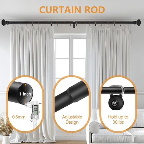 Black Iron Curtain Rod for Windows 32in to 144in With Modern Square Style finials, 1inch Diameter Adjustable Heavy Duty Indoor/Outdoor Black Rust Resistant Iron in Saudi Arabia