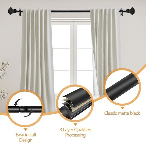 Black Iron Curtain Rod for Windows 32in to 144in With Modern Square Style finials, 1inch Diameter Adjustable Heavy Duty Indoor/Outdoor Black Rust Resistant Iron in Saudi Arabia
