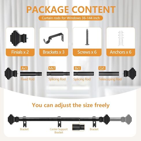 Black Iron Curtain Rod for Windows 32in to 144in With Modern Square Style finials, 1inch Diameter Adjustable Heavy Duty Indoor/Outdoor Black Rust Resistant Iron in Saudi Arabia