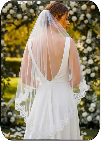 EASEDAILY Lace Bride Wedding Veil White Short Fingertip 1 Tier Bridal Tulle Veils with Comb for Women in Saudi Arabia