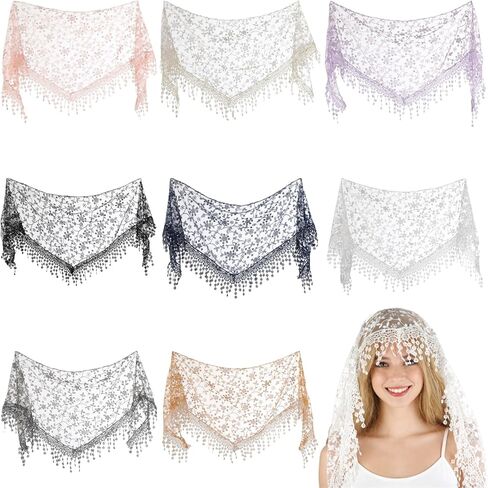 OMISTAR 8 Pcs Triangle Lace Mantilla Veil Set, Floral Triangle Head Covering Scarf, Embroidered Fringe Chapel Veil Scarf, Breathable Polyester Catholic Veils for Mass, Church, Wedding in Saudi Arabia