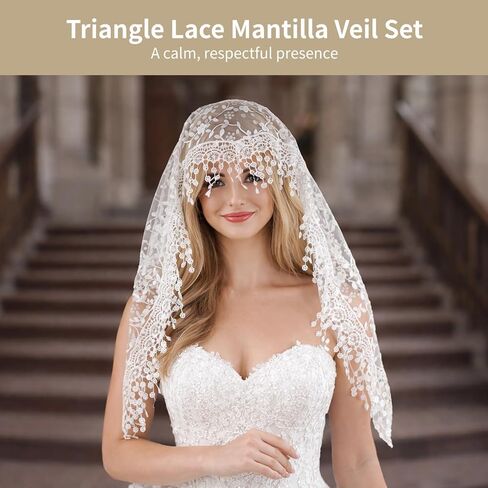 OMISTAR 8 Pcs Triangle Lace Mantilla Veil Set, Floral Triangle Head Covering Scarf, Embroidered Fringe Chapel Veil Scarf, Breathable Polyester Catholic Veils for Mass, Church, Wedding in Saudi Arabia