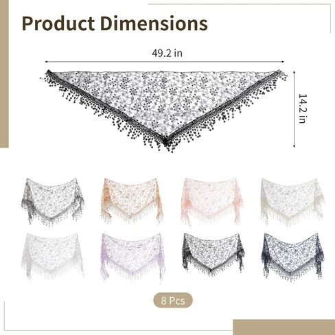 OMISTAR 8 Pcs Triangle Lace Mantilla Veil Set, Floral Triangle Head Covering Scarf, Embroidered Fringe Chapel Veil Scarf, Breathable Polyester Catholic Veils for Mass, Church, Wedding in Saudi Arabia