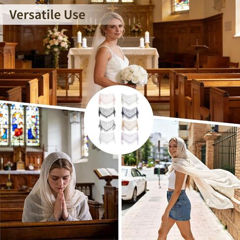 OMISTAR 8 Pcs Triangle Lace Mantilla Veil Set, Floral Triangle Head Covering Scarf, Embroidered Fringe Chapel Veil Scarf, Breathable Polyester Catholic Veils for Mass, Church, Wedding in Saudi Arabia