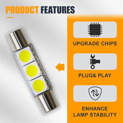 YoRise 10 قطع T6 مصباح قراءة LED للسيارة، 28 مم 5050-3SMD 180 درجة إضاءة مرآة حاجب الشمس، رأس مسطح مزدوج الطرف التوصيل والتشغيل أضواء سقف السيارة، استبدال إضاءة تلقائية عالمية (أبيض) in Kuwait