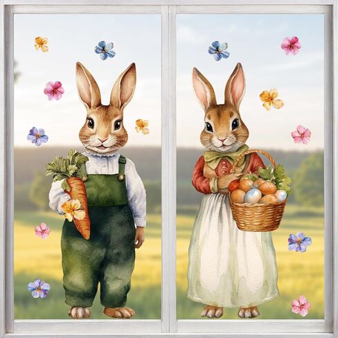 Farmhouse Easter Decorations Window Clings: Extra Large Vintage Easter Bunny Couple, Rustic Easter Rabbit with Eggs Carrots Flowers, Spring Window Clings for Kids Home Office Party Gifts, 4 Sheets in Saudi Arabia