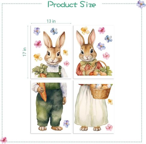 Farmhouse Easter Decorations Window Clings: Extra Large Vintage Easter Bunny Couple, Rustic Easter Rabbit with Eggs Carrots Flowers, Spring Window Clings for Kids Home Office Party Gifts, 4 Sheets in Saudi Arabia