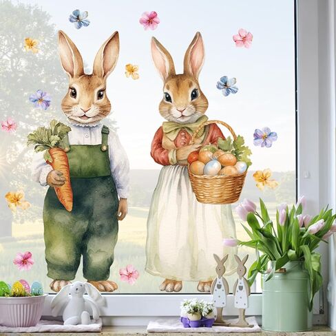 Farmhouse Easter Decorations Window Clings: Extra Large Vintage Easter Bunny Couple, Rustic Easter Rabbit with Eggs Carrots Flowers, Spring Window Clings for Kids Home Office Party Gifts, 4 Sheets in Saudi Arabia