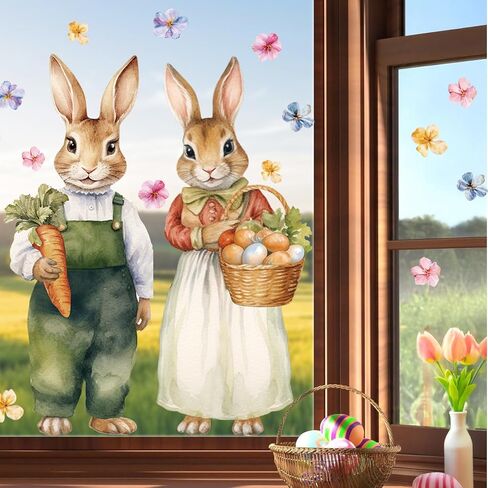 Farmhouse Easter Decorations Window Clings: Extra Large Vintage Easter Bunny Couple, Rustic Easter Rabbit with Eggs Carrots Flowers, Spring Window Clings for Kids Home Office Party Gifts, 4 Sheets in Saudi Arabia