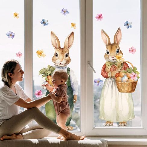 Farmhouse Easter Decorations Window Clings: Extra Large Vintage Easter Bunny Couple, Rustic Easter Rabbit with Eggs Carrots Flowers, Spring Window Clings for Kids Home Office Party Gifts, 4 Sheets in Saudi Arabia
