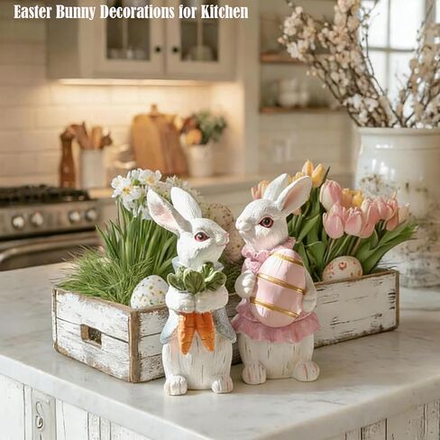 Easter Decorations for Home - 2pcs Resin White Easter Bunny - Small Bunny Statues Figurine Decor for Indoor Table Centerpieces Decorations Tiered Tray,Tabletop - Spring Decor Rabbit 4.33 inch Tall in Saudi Arabia