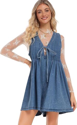 Women's Denim Romper Casual Summer Sleeveless Jean Romper Tie Front V Neck Ruffle Jean Short Overall With Pockets in Saudi Arabia