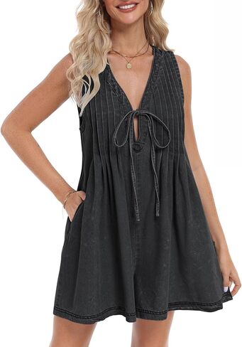 Women's Denim Romper Casual Summer Sleeveless Jean Romper Tie Front V Neck Ruffle Jean Short Overall With Pockets in Saudi Arabia