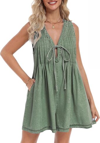 Women's Denim Romper Casual Summer Sleeveless Jean Romper Tie Front V Neck Ruffle Jean Short Overall With Pockets in Saudi Arabia