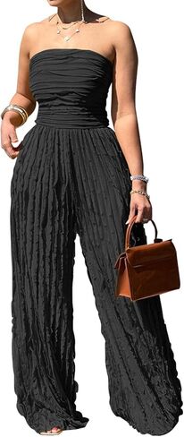 Women Sexy Strapless Tube Backless Jumpsuit See Through V Neck Tie Pleated One Piece Wide Leg Long Pants Romper in Saudi Arabia