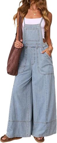 Women's Denim Jeans Overalls Loose Baggy Adjustable Wide Leg Romper Jumpsuit Casual High Waist Harem Pants in Saudi Arabia