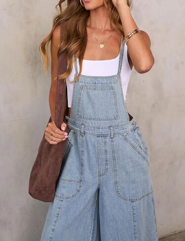 Women's Denim Jeans Overalls Loose Baggy Adjustable Wide Leg Romper Jumpsuit Casual High Waist Harem Pants in Saudi Arabia