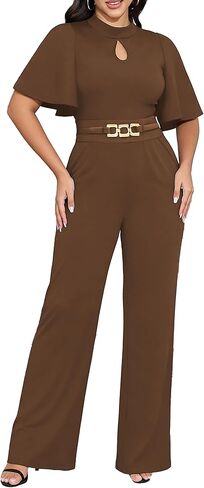 Yiershu Womens Casual Loose Ruffles Short Sleeve Belted Wide Leg Pant Romper Jumpsuit Casual Business One Piece Outfits in Saudi Arabia
