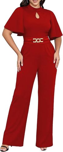 Yiershu Womens Casual Loose Ruffles Short Sleeve Belted Wide Leg Pant Romper Jumpsuit Casual Business One Piece Outfits in Saudi Arabia