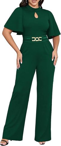 Yiershu Womens Casual Loose Ruffles Short Sleeve Belted Wide Leg Pant Romper Jumpsuit Casual Business One Piece Outfits in Saudi Arabia