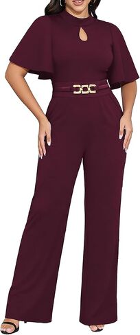 Yiershu Womens Casual Loose Ruffles Short Sleeve Belted Wide Leg Pant Romper Jumpsuit Casual Business One Piece Outfits in Saudi Arabia