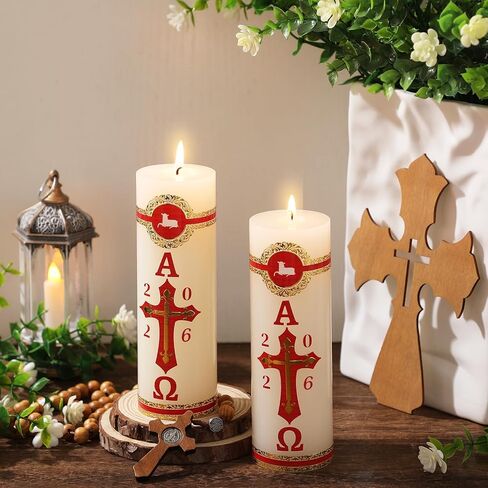 2 Set Paschal Candles with Jesus Sticker Cirios Religiosos Catolico 2026 Lamb of God Catholic Church Candle Cross Sheep for Baptism Confirmation Prayer Easter Cirio para Bautizo (6 x 2 Inch) in Saudi Arabia