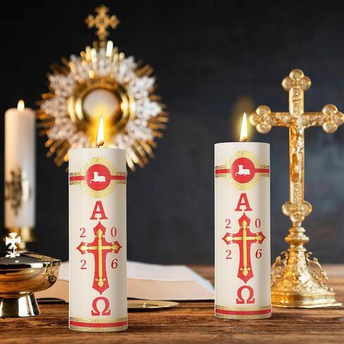 2 Set Paschal Candles with Jesus Sticker Cirios Religiosos Catolico 2026 Lamb of God Catholic Church Candle Cross Sheep for Baptism Confirmation Prayer Easter Cirio para Bautizo (6 x 2 Inch) in Saudi Arabia