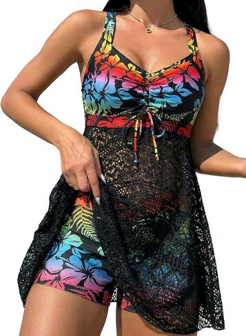 ZAFUL Tankini Swimsuits for Women Lace Drawstring Two Piece Bathing Suits Flowy Swim Tops with Boy Shorts in Saudi Arabia