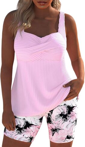ملابس سباحة Modlily Surplice Tankini للنساء، بدلة استحمام مطبوعة من قطعتين، قميص بدون أكمام بتغطية متواضعة مع شورت قصير in Kuwait