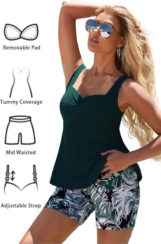 Modlily Surplice Tankini Swimsuits for Women, Two Piece Print Bathing Suit, Modest Coverage Tank Top with Board Shorts in Kuwait