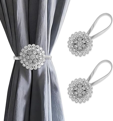 Silver Sparkling Crystal Flower Curtain Tiebacks, 2 Pack High-Elastic Spring Wire Curtain Buckle Clips for Home Office Decoration in Kuwait