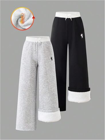 2 Pack Girl's Fleece Sweatpants Embroidered Wide Leg Trousers Baggy Track Pants Trendy in Saudi Arabia