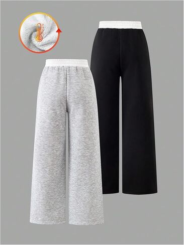 2 Pack Girl's Fleece Sweatpants Embroidered Wide Leg Trousers Baggy Track Pants Trendy in Saudi Arabia